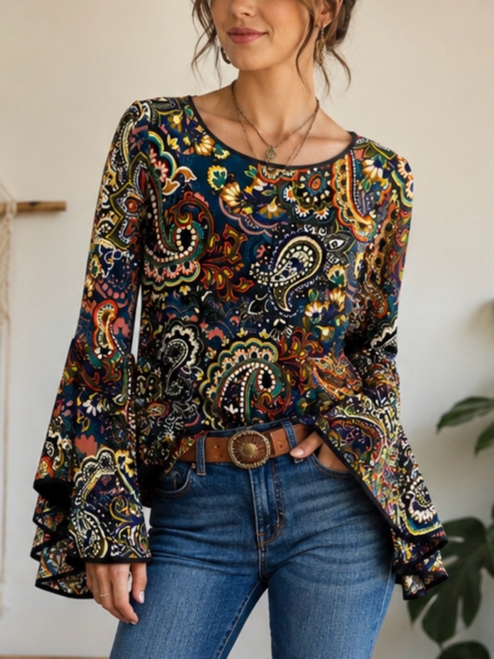 Coco Bianco Paisley Bell Sleeve Blouse Women S Boho Stretch Knit Top Festival